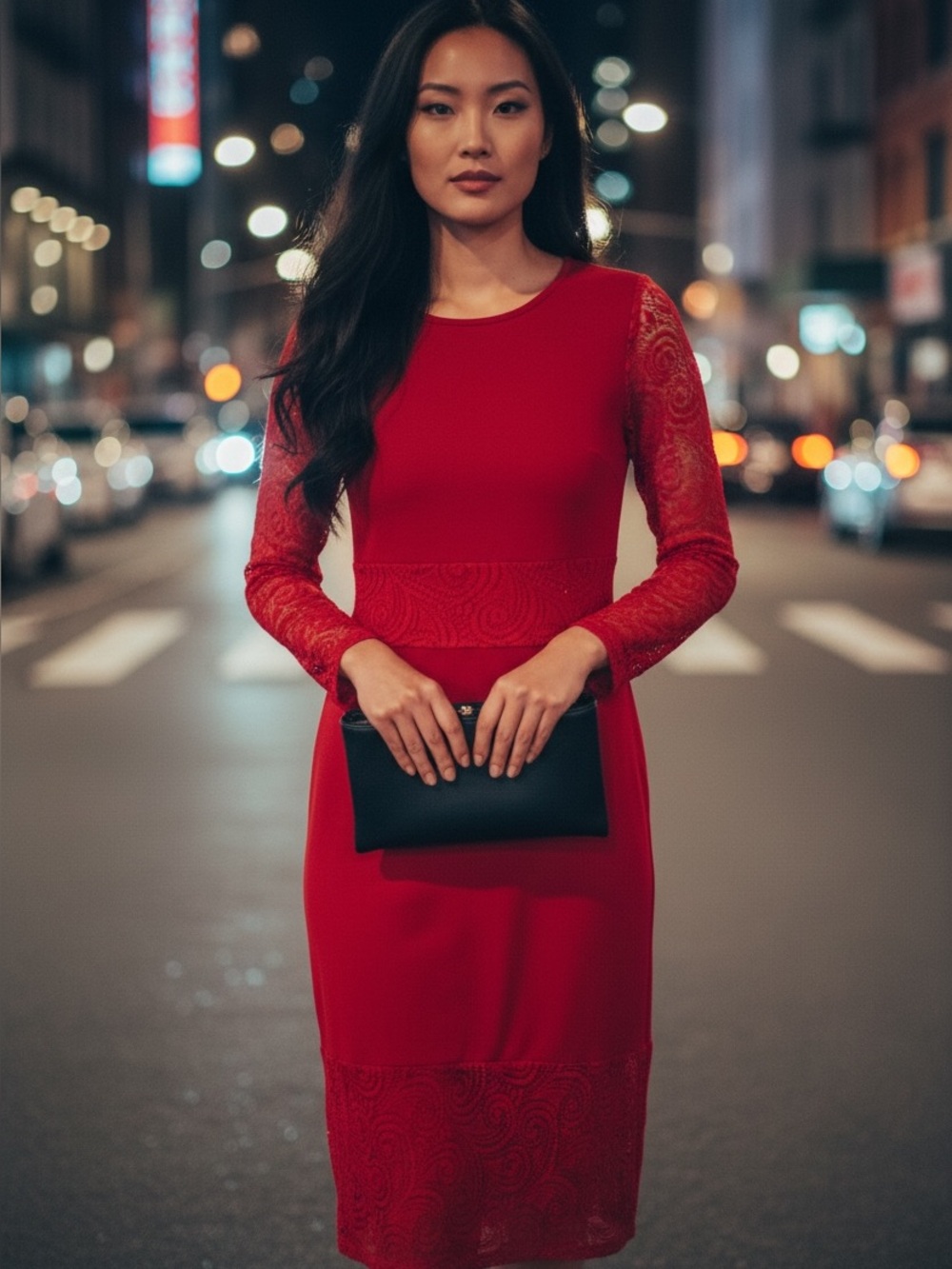 Red Chic Dress with Long Sleeves and Lace Details